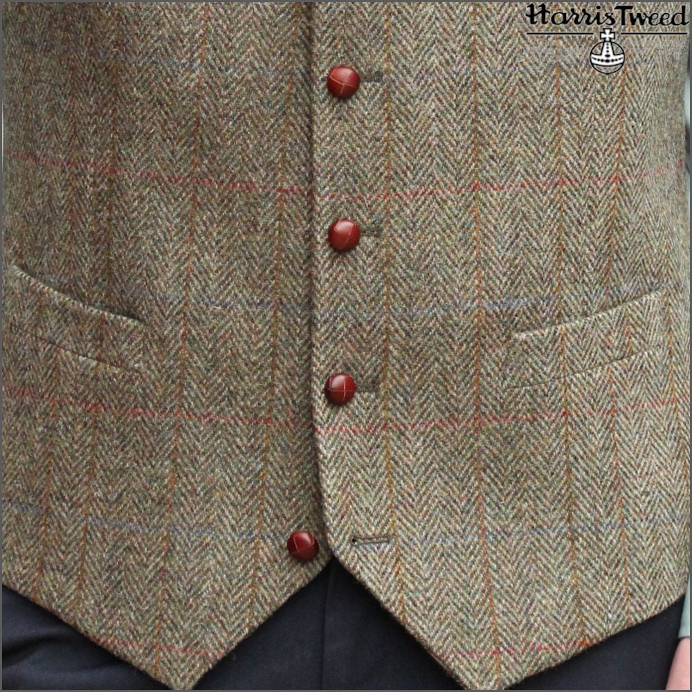 Harris Tweed Beige/Olive Herringbone Waist Coat>