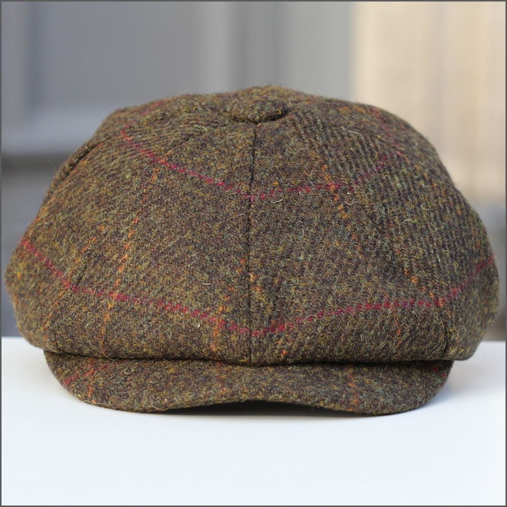 Harris Tweed Carloway 8 Piece Olive Check Cap^^