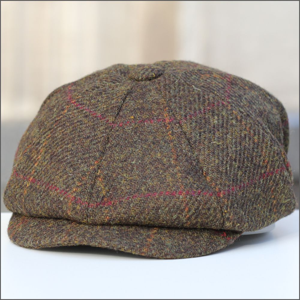 Harris Tweed Carloway 8 Piece Olive Check Cap^^