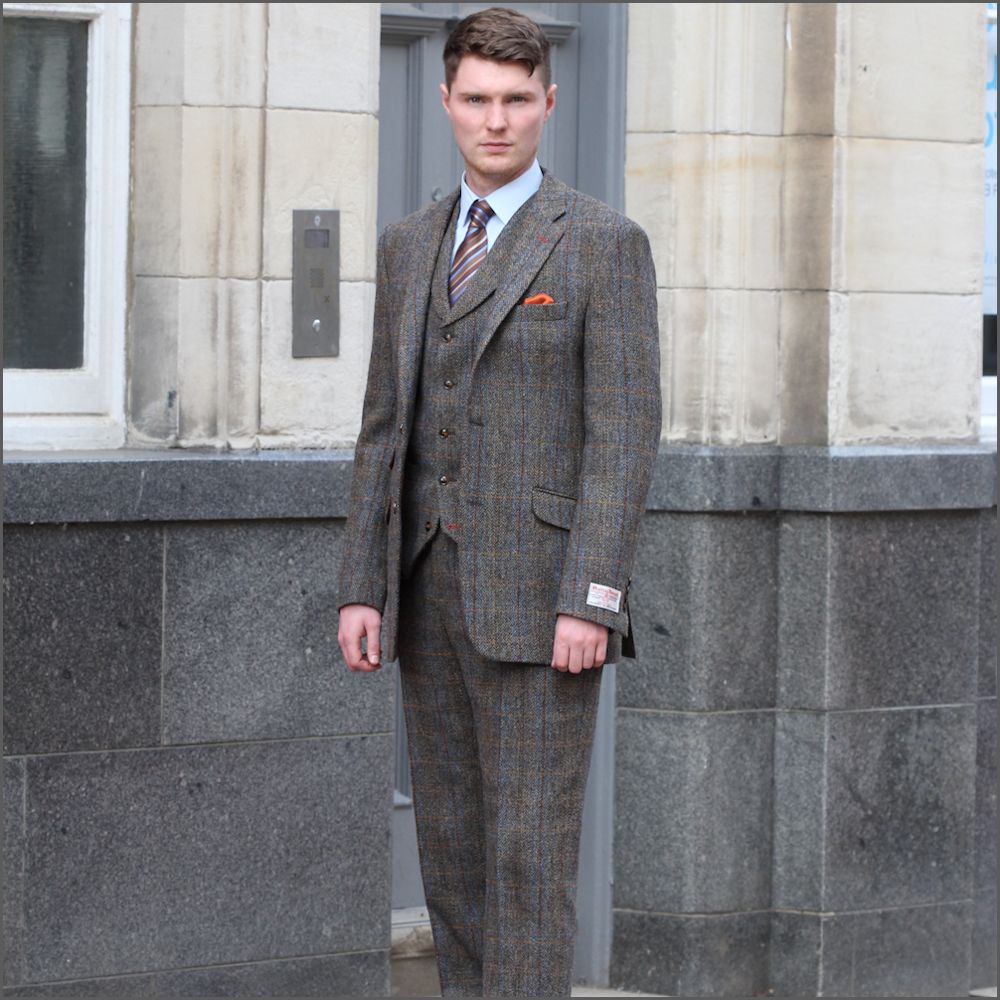 Harris Tweed Brown, Blue, Herringbone 3pc Suit>