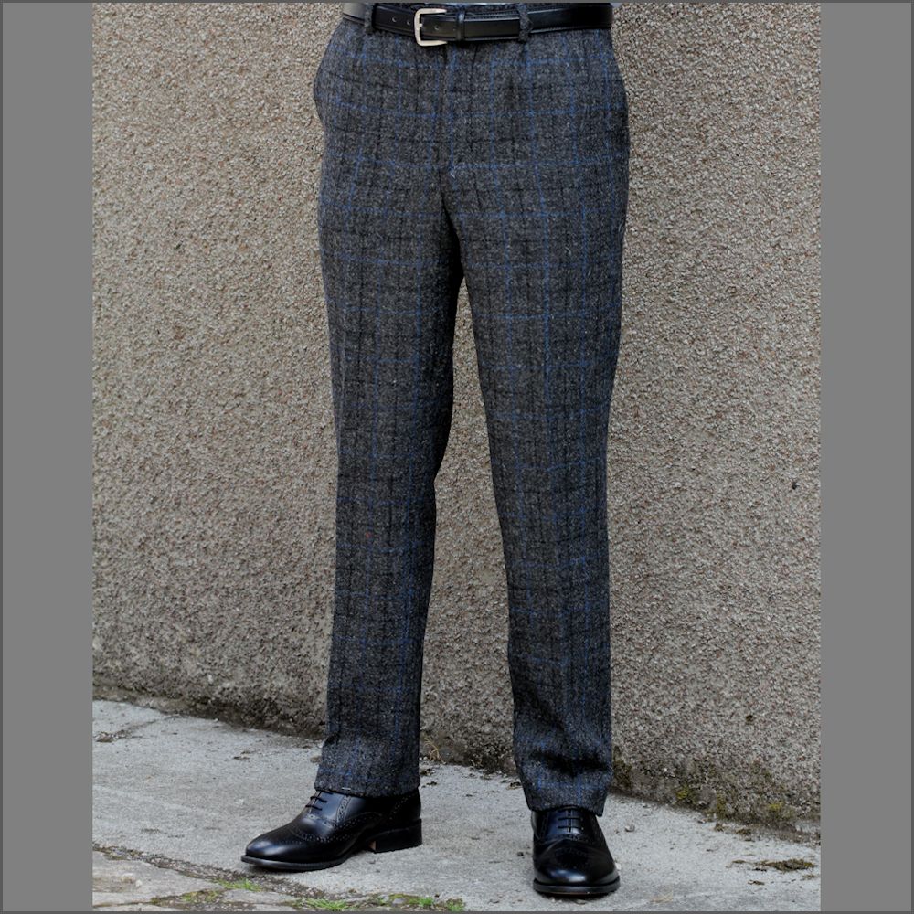 Harris Tweed Charcoal, Blue checked Trousers>