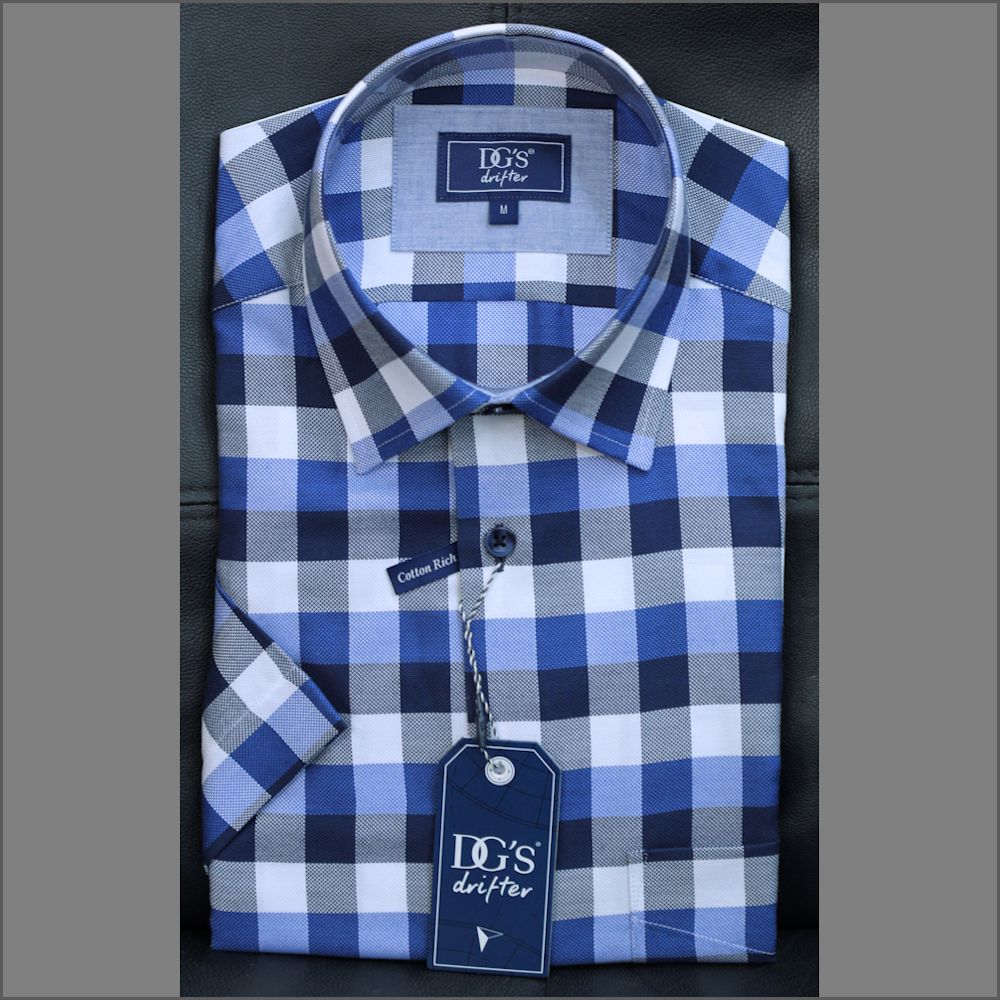 Drifter Giovanni Navy & Blue Check Short Sleeve Shirt. | cwmenswear