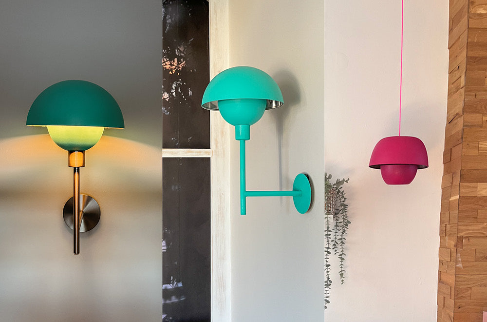 3 Upcycling Lampen nebeneinander in verschiedenen Farben und Formen