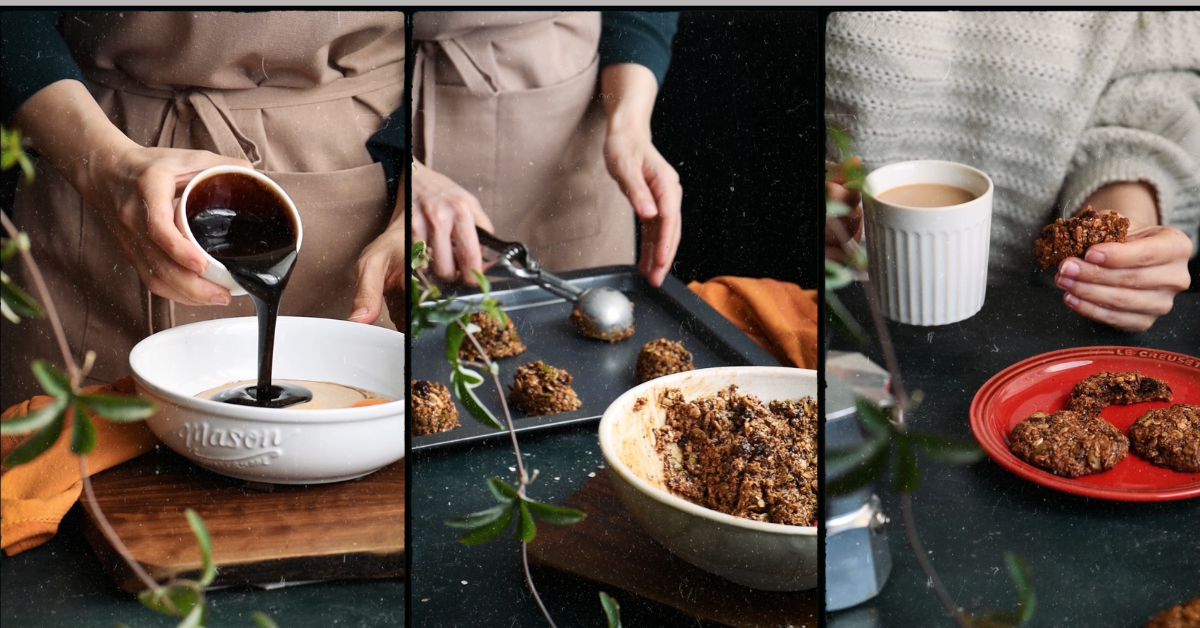 Collage showing someone baking oatmeal breakfast cookies by mixing chocolate with fruit and nut mixture, spooning it out using an ice cream scoop and someone enjoying a cup of coffee and finished cookie