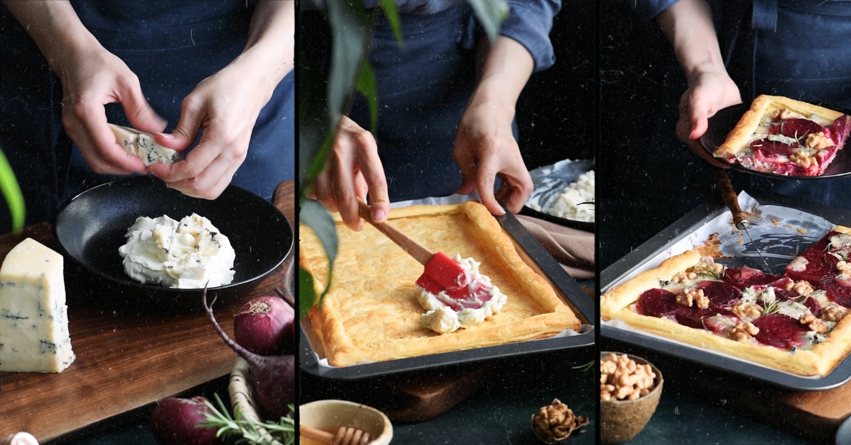 Collage of woman baking a breakfast tart by crumbling up some blue cheese, flattening down a freshly baked puff pastry and lastly holding a slice of the fully complete tart.