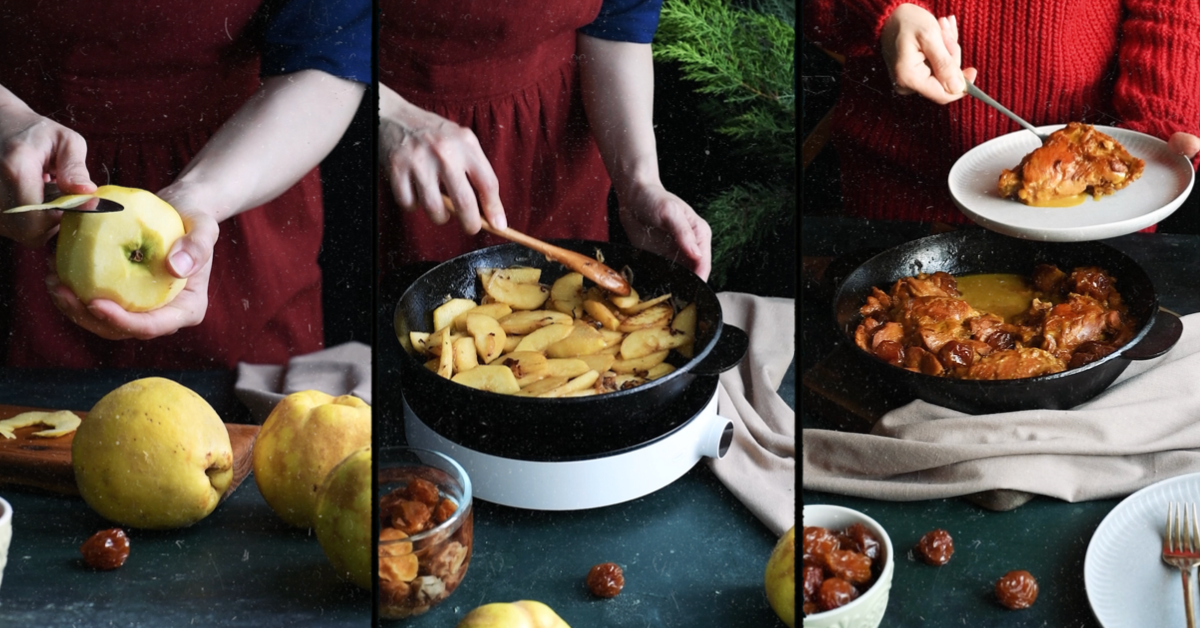 Collage of a woman making chicken thighs with plum & quince. From left to right; woman in apron peeling the quince,  sautéing the quince and lastly the woman with a chicken thigh on her fork and the skillet of stew underneath 