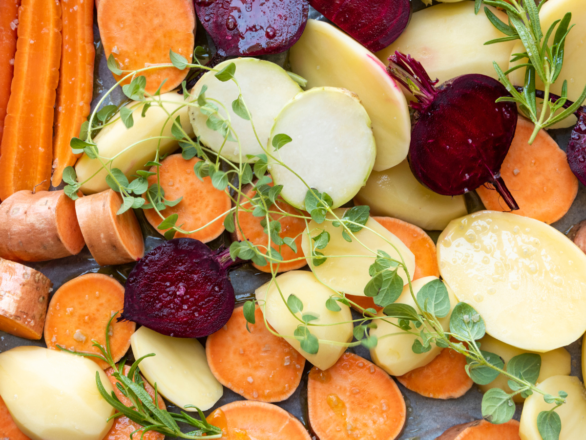 A mix of Paleo-friendly carbohydrate sources such as beets, carrots and sweet potato.