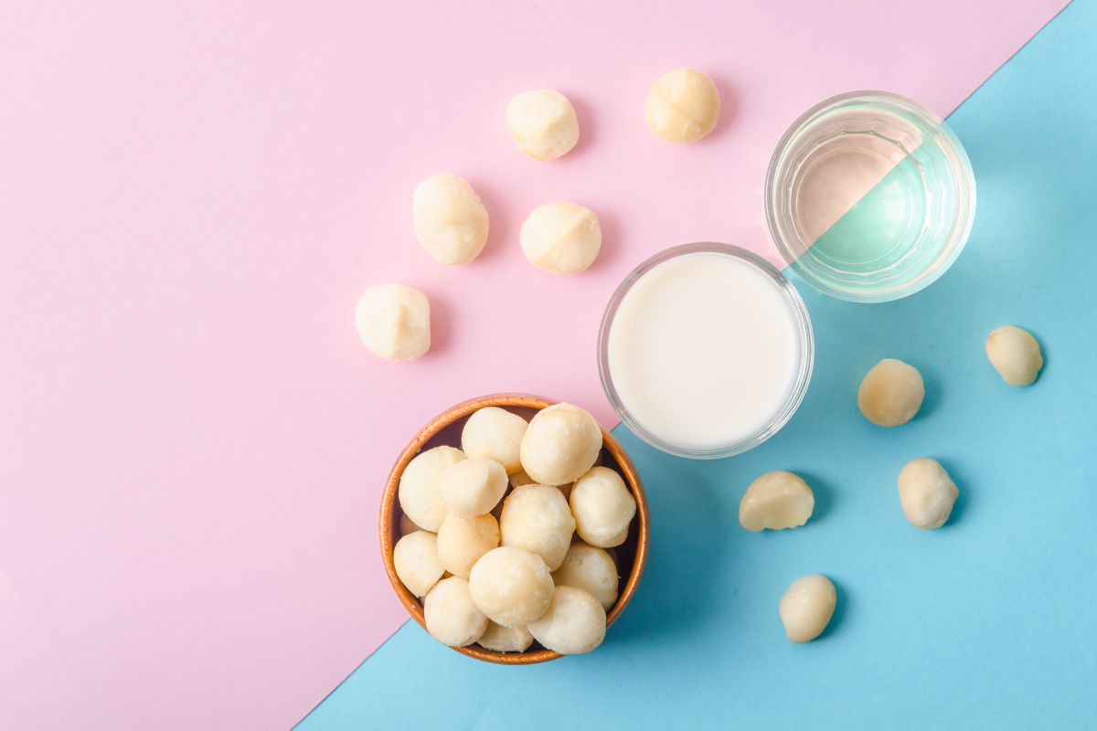 A bowl filled with macadamia nut milk and raw macadamia nuts, set against a vibrant blue and pink background.