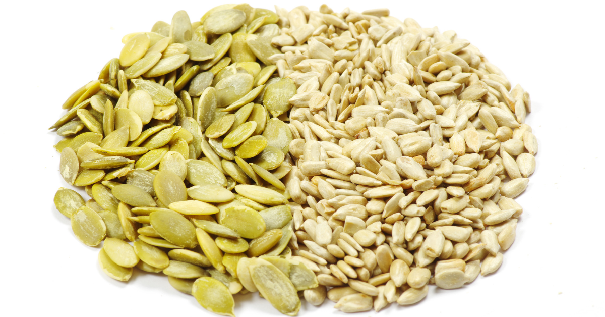 sunflower seed and pumpkin seeds against a white background