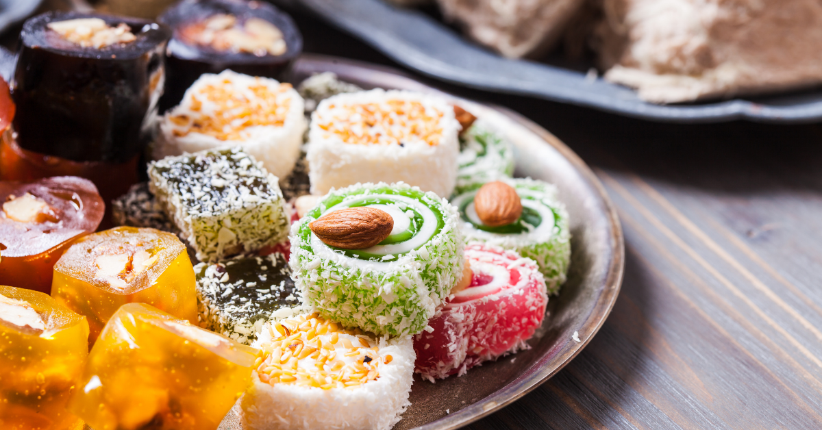 Turkish delight in many different forms on a plate