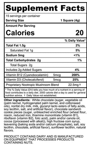 Supplement facts for Tre House psychedelic mushroom chocolate bar that comes in a Churro Milk flavor