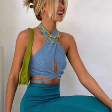 Charger l&#39;image dans la galerie, Cryptographic Green Sexy Bandage Halter Crop Tops for Women Sleeveless Backless Club Party Chic Wrap Cropped Top Slim Streetwear
