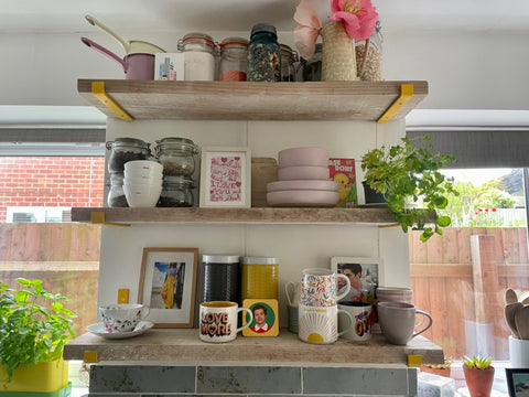 Kitchen shelves with yellow brackets
