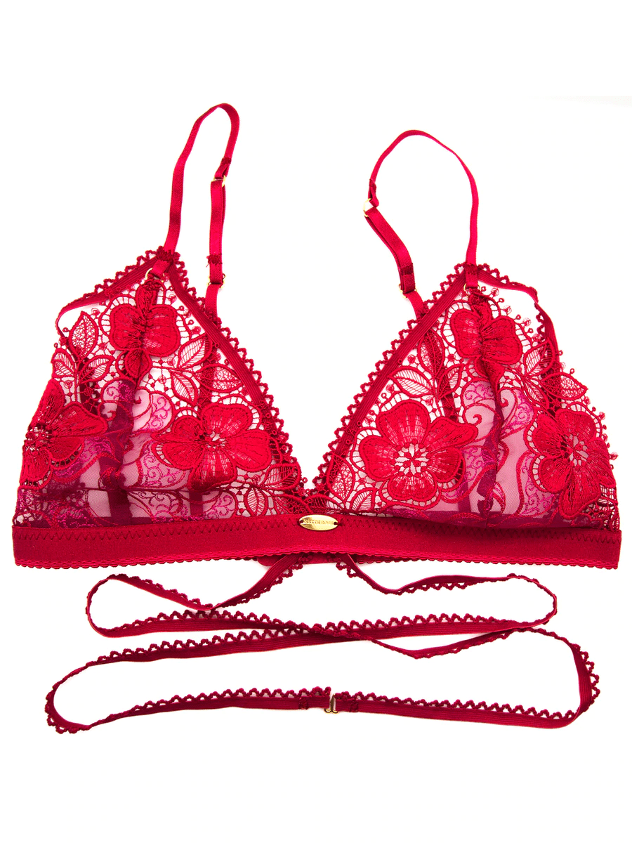 Nurit Bralette  Red Floral Bralette With Tie Up Detail And