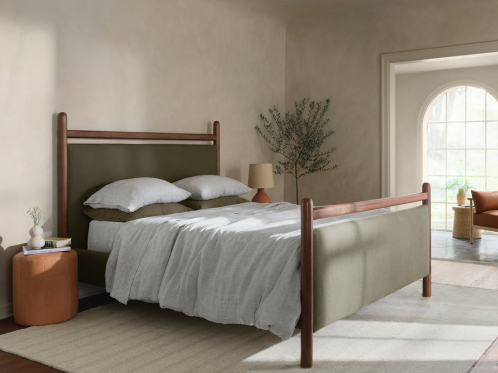 Custom Upholstered Ridge Bed in Walnut & Forest Linen