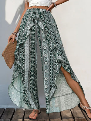 Perfee Slit Ruffled Geometric Wide Leg Pants - LaTorre World Designs