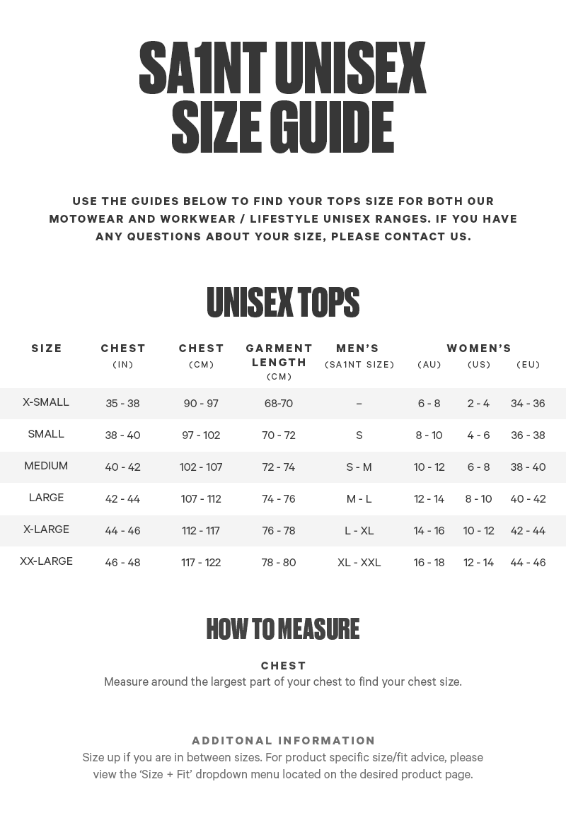 unisex size chart - tops