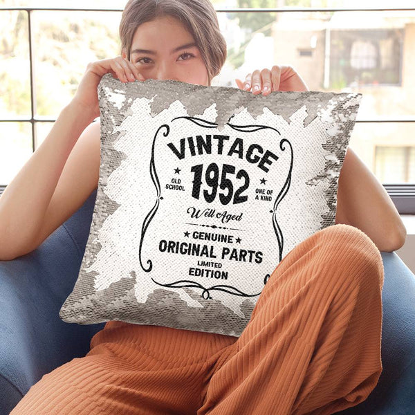69th Birthday Gift Ideas Birthday Sequin Pillow, VINTAGE 1952 Limited Edition, Well Aged Original Parts Birthday Pillow