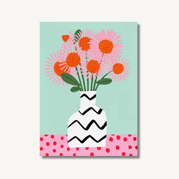 Digital painting in pastel pinks, mint green and orange of a vase of flowers on a table.