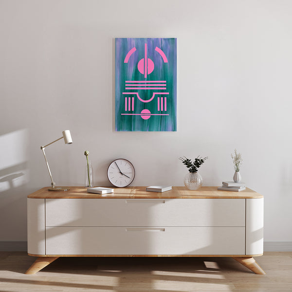 Artwork by Henriett Juhasz, an Art Deco style painting of pink, geometric lines and circles in a blur of pastel purple and deep green.