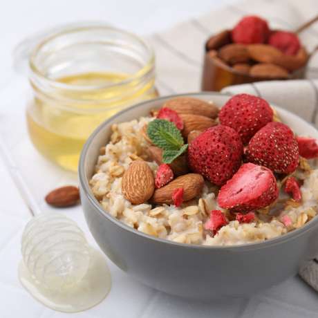 Freeze-dried strawberries on porridge or cereal