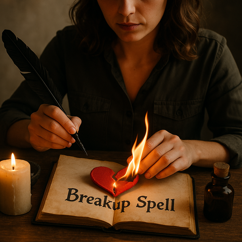 A woman performing a breakup spell at a candlelit table, holding a flaming red heart over an open spellbook labeled “Breakup Spell,”