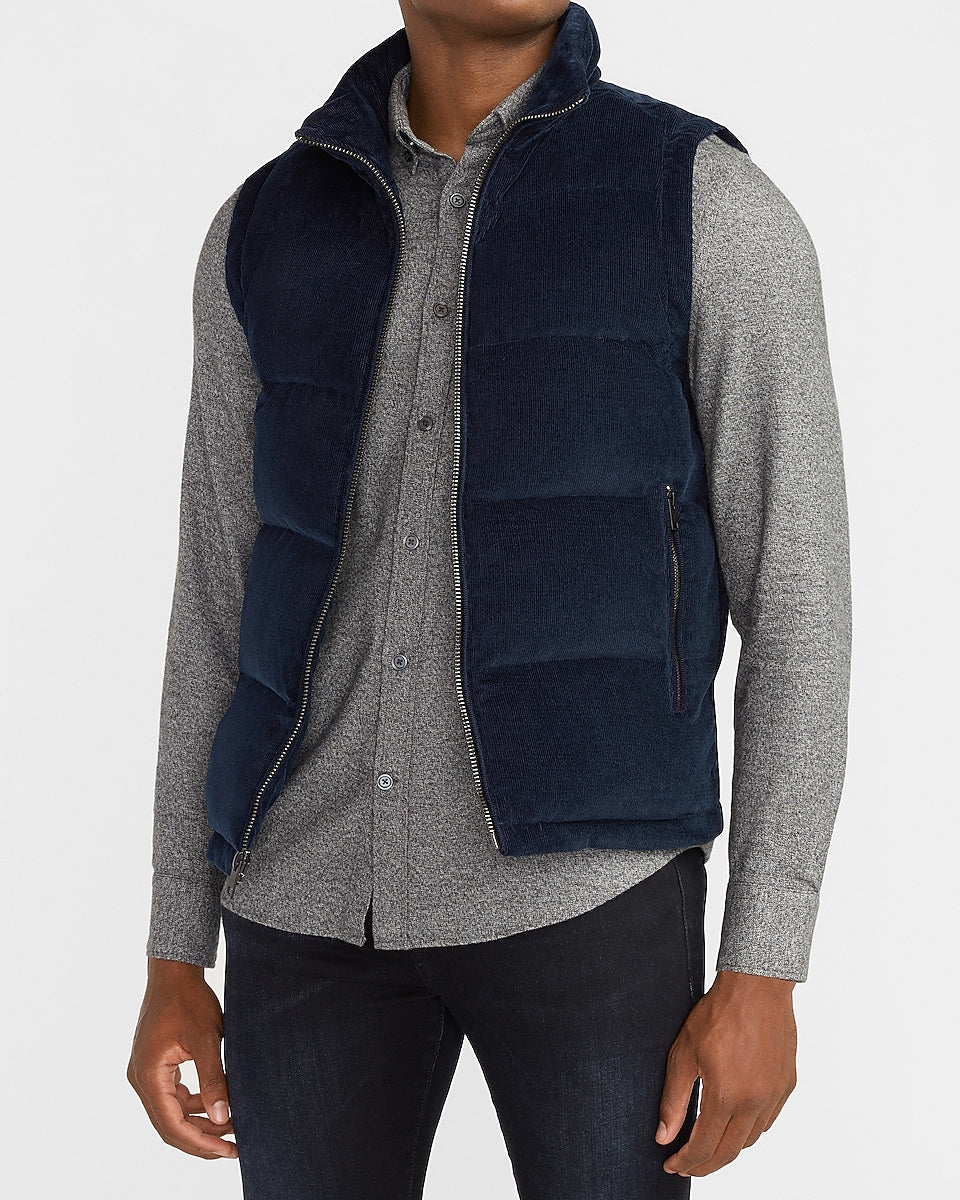 Express Men | Navy Corduroy Puffer Vest in Navy | Express Style Trial