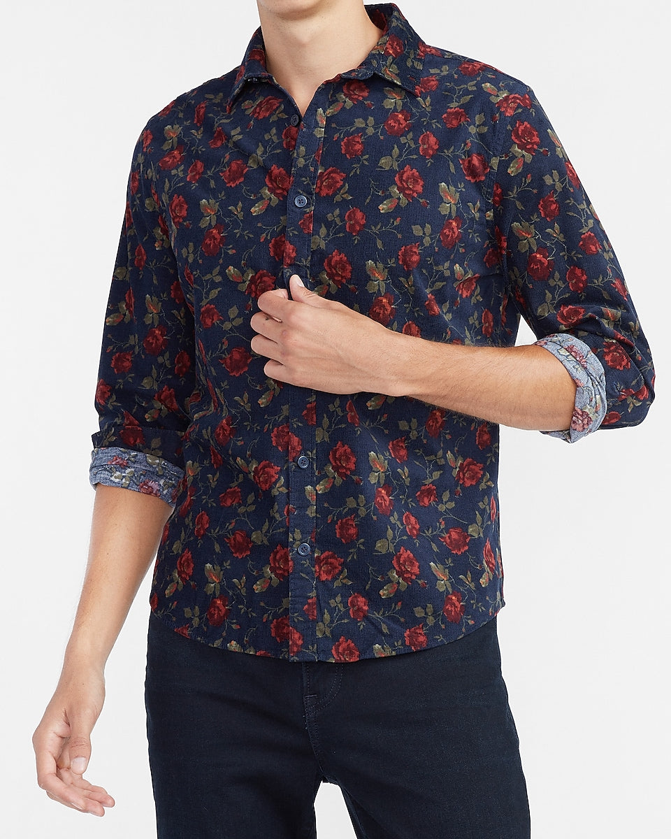 Express Men's Floral Geo Stretch Corduroy Shirt