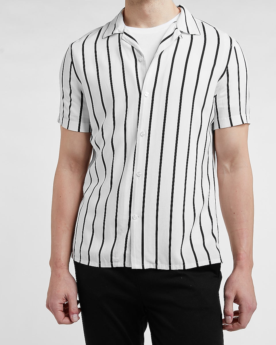Express Men | Slim Striped Rayon Short Sleeve Shirt in Chalk | Express ...