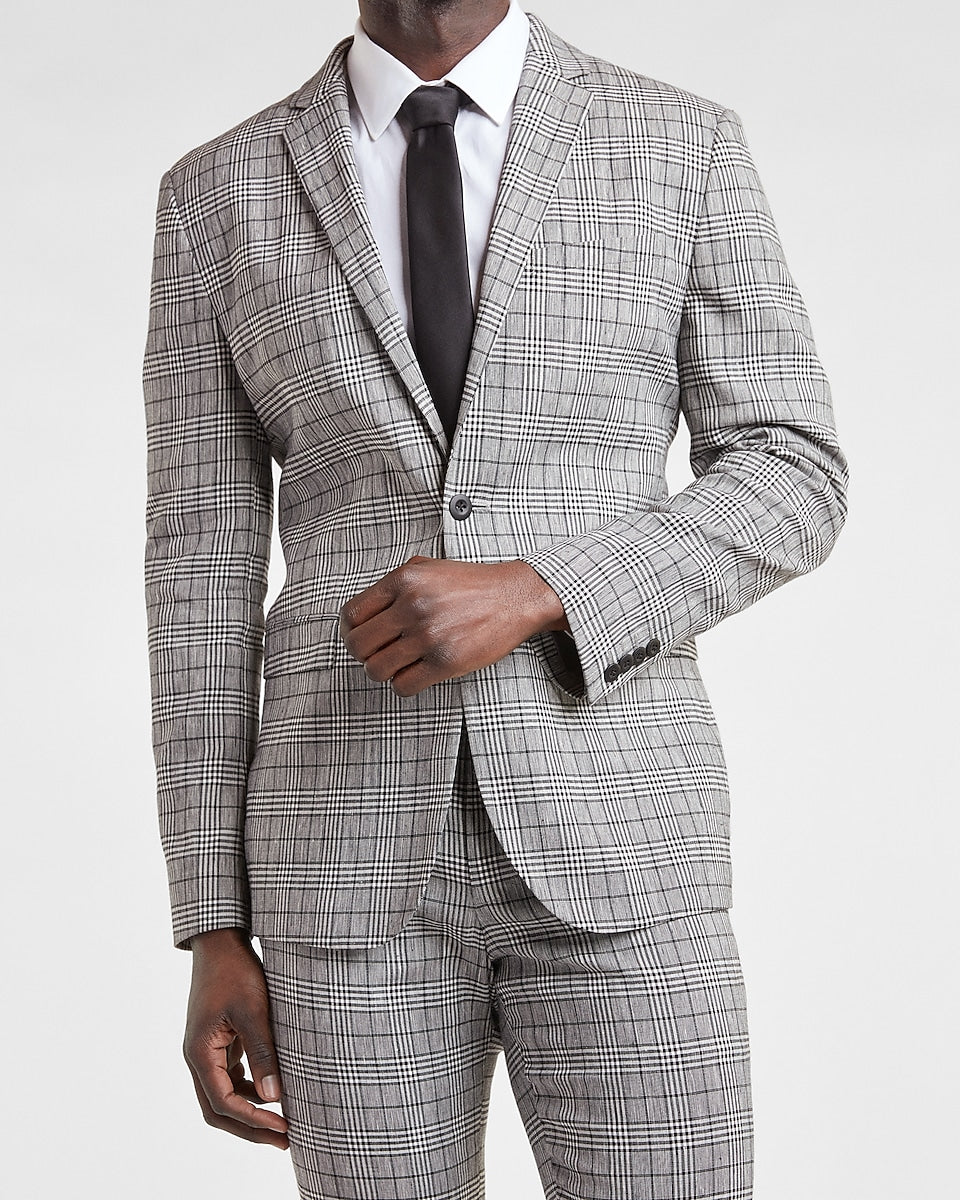 Express Men | Extra Slim Light Gray Plaid Linen Blend Suit Jacket in ...