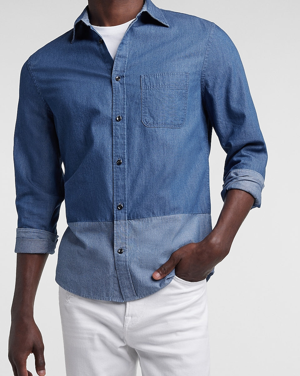 Express Men | Slim Color Block Denim Shirt in Medium Wash | Express ...