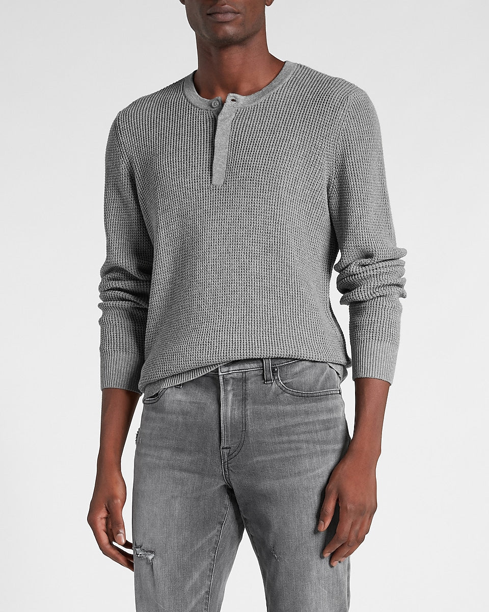 Express Men, Solid Waffle Knit Henley Sweater in Heather Gray