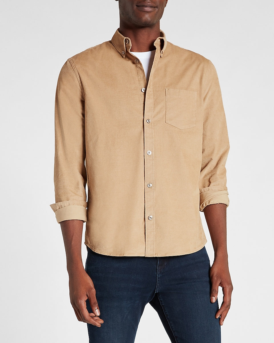 Express Men, Slim Solid Stretch Corduroy Shirt in Khaki