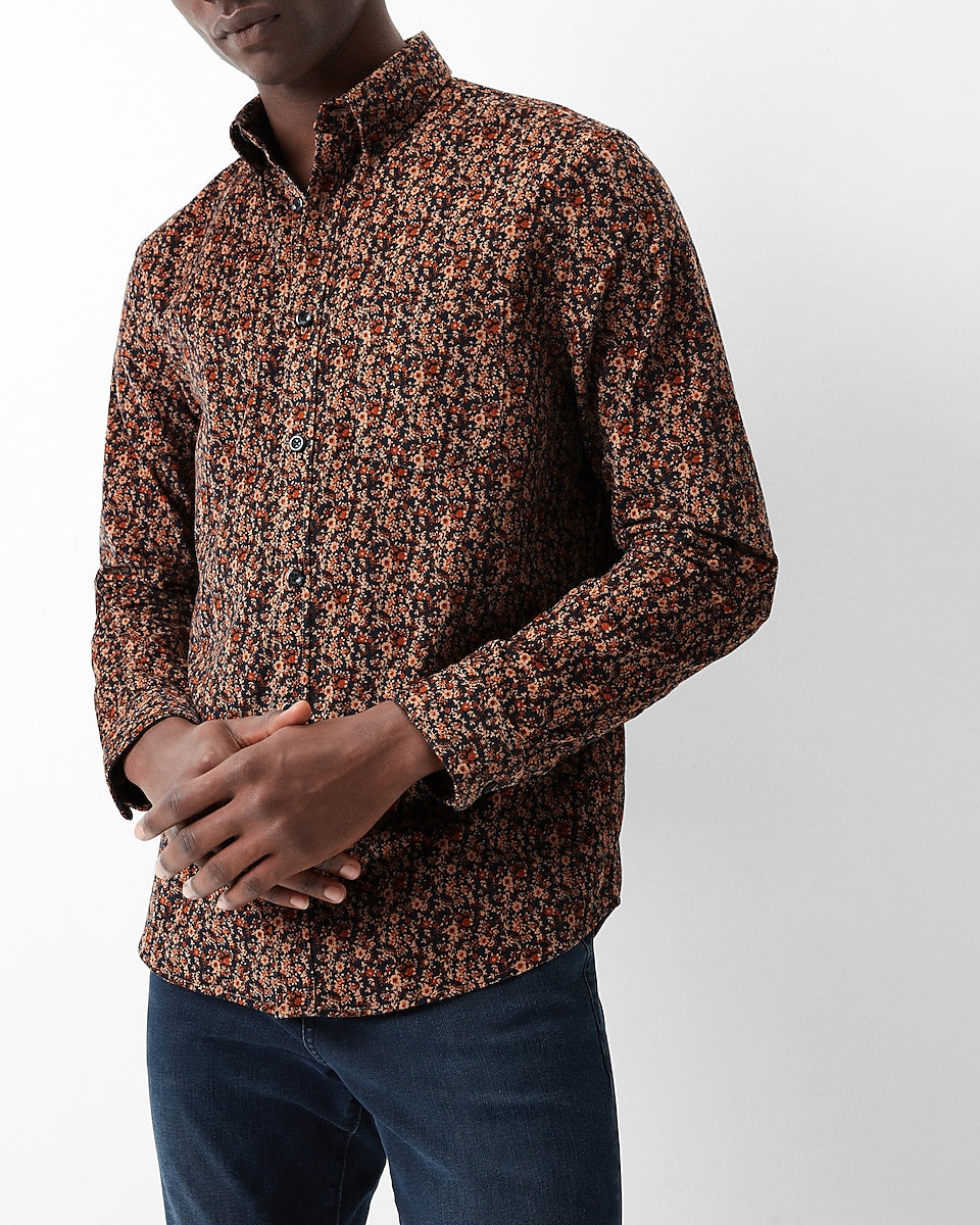 Express Men | Slim Floral Stretch Corduroy Shirt in Multi