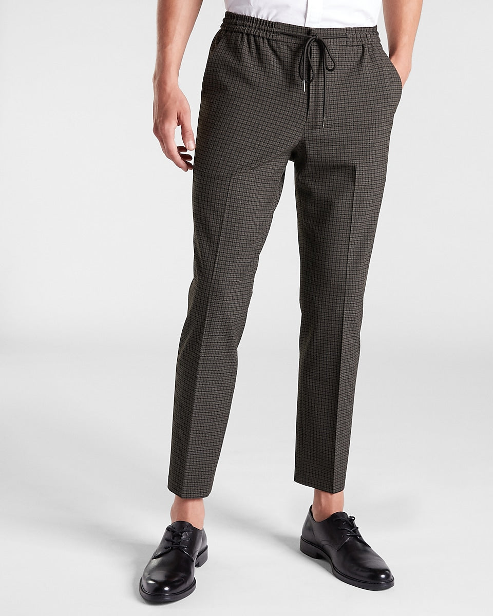 Express Men | Slim Olive Check Print Drawstring Suit Pant in Olive Green |  Express Style Trial