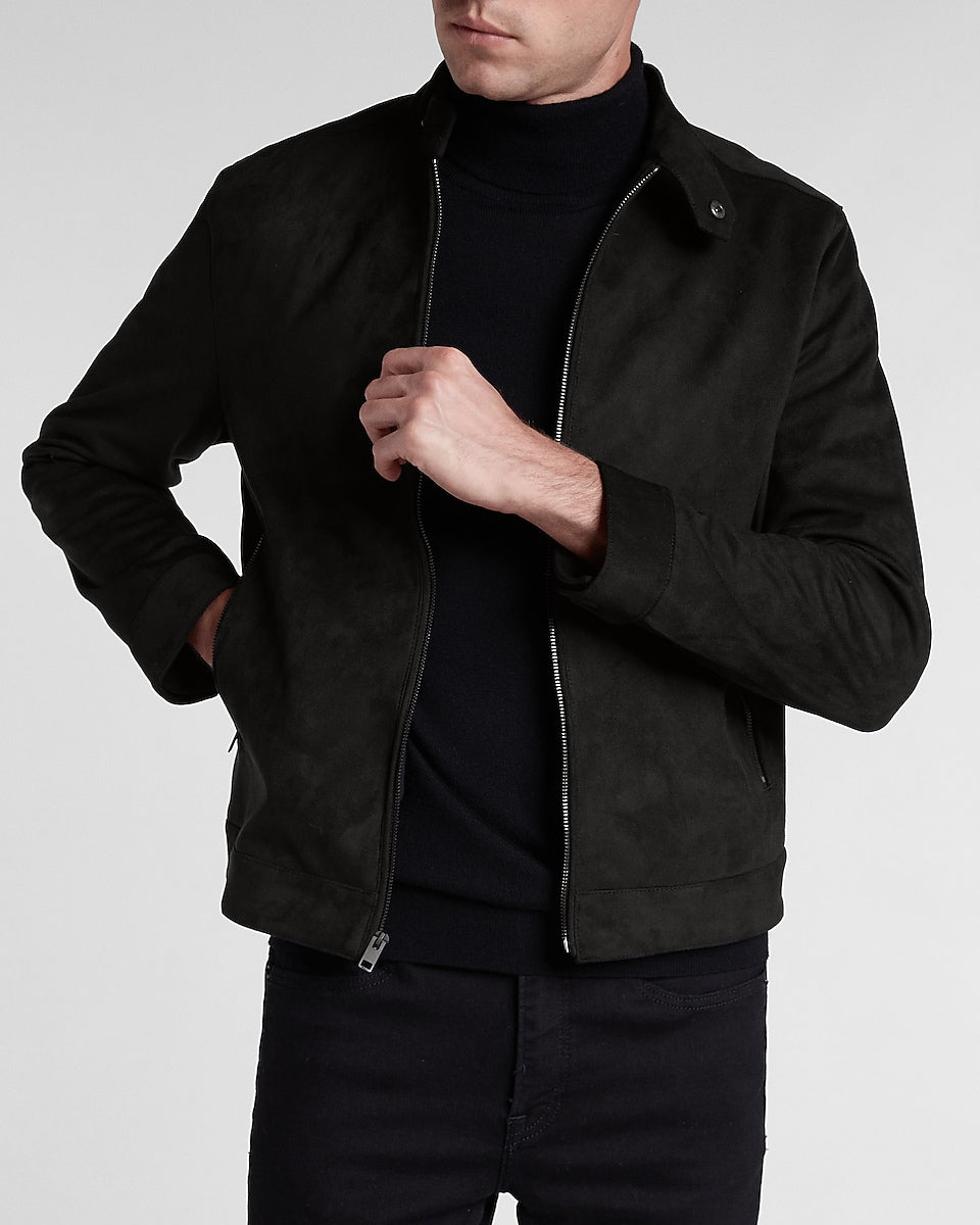 Express Men  Black Faux Suede Bomber Jacket in Jet Black