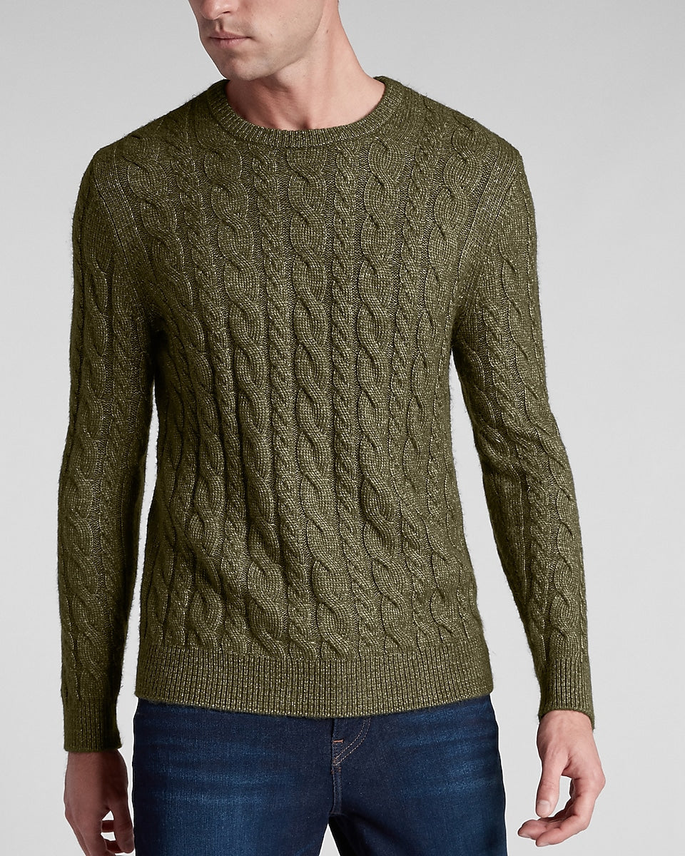 Express Men | Solid Cable Knit Crew Neck Sweater in Olive Green ...