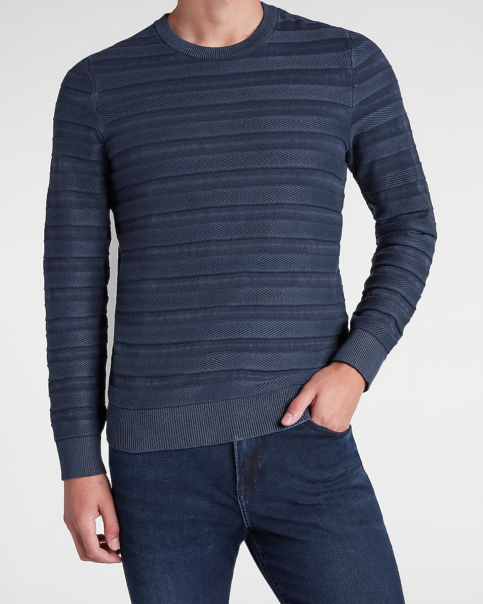 Express Men | Striped Knit Crew Neck Sweater in Navy | Express Style Trial