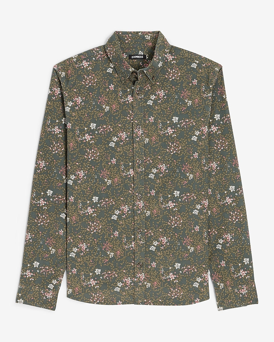 Express Men | Slim Floral Stretch Corduroy Shirt in Basil | Express ...