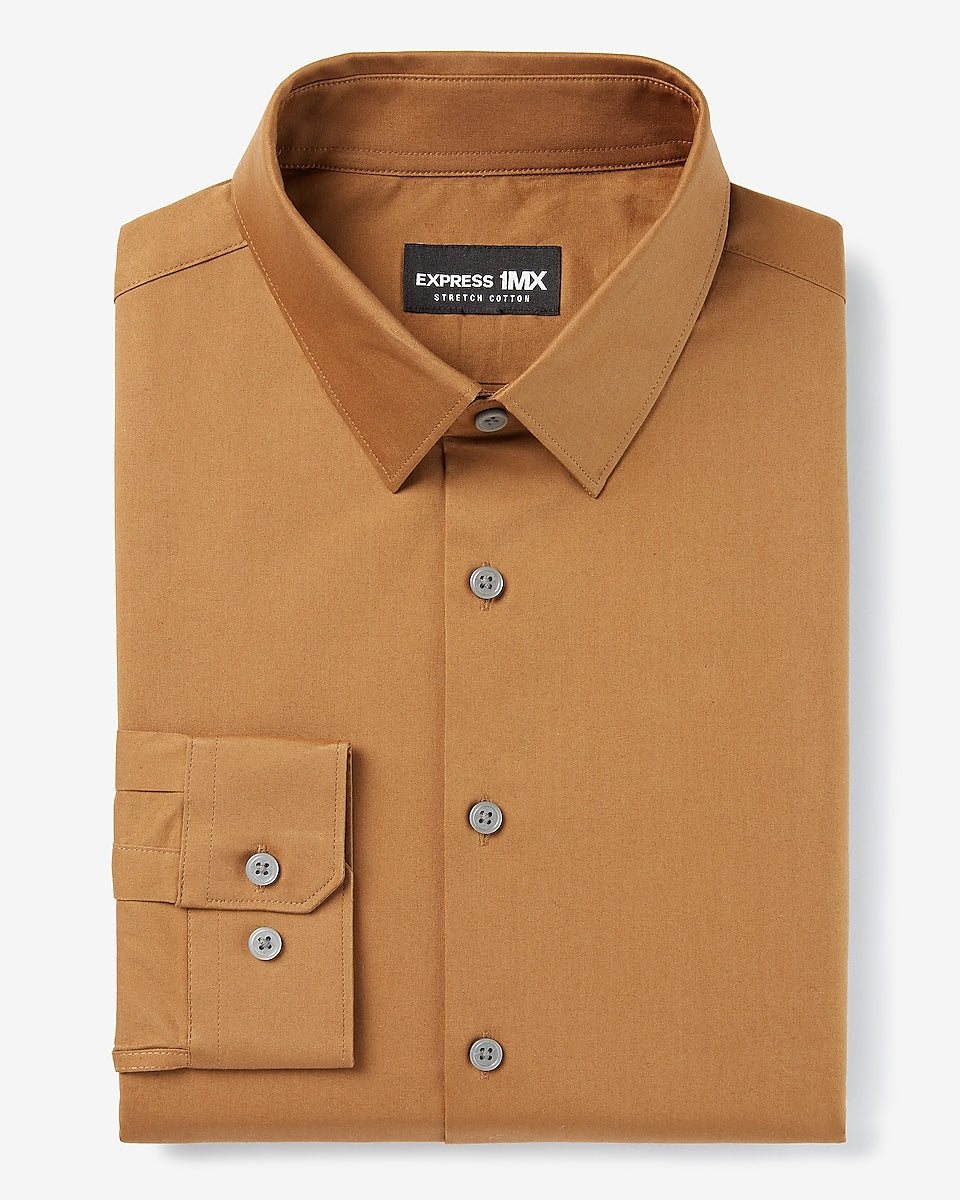 Express Men | Extra Slim Solid Stretch Cotton 1Mx Dress Shirt in Camel ...