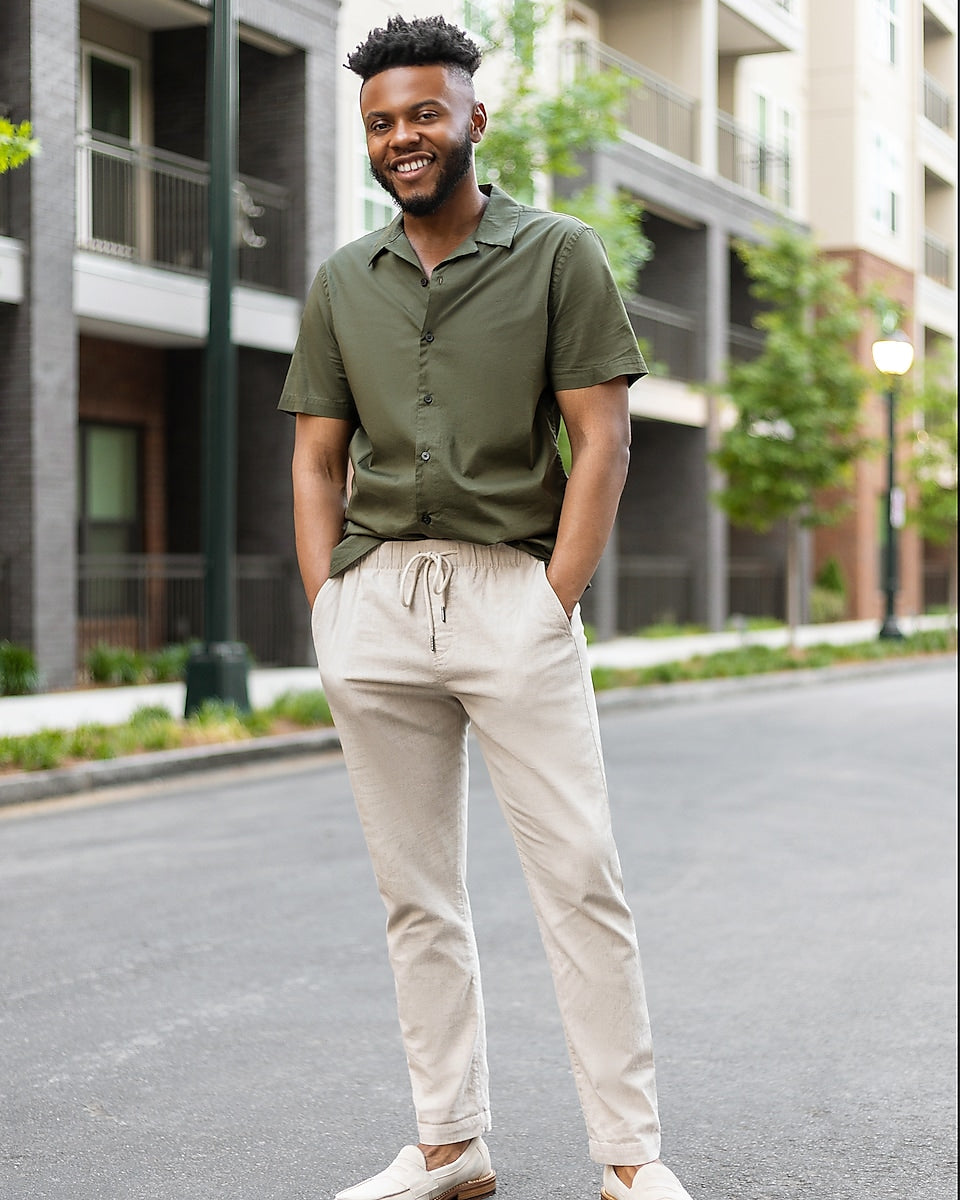 Express Men, Slim Solid Casual Stretch Cotton Short Sleeve Shirt in Olive  Green