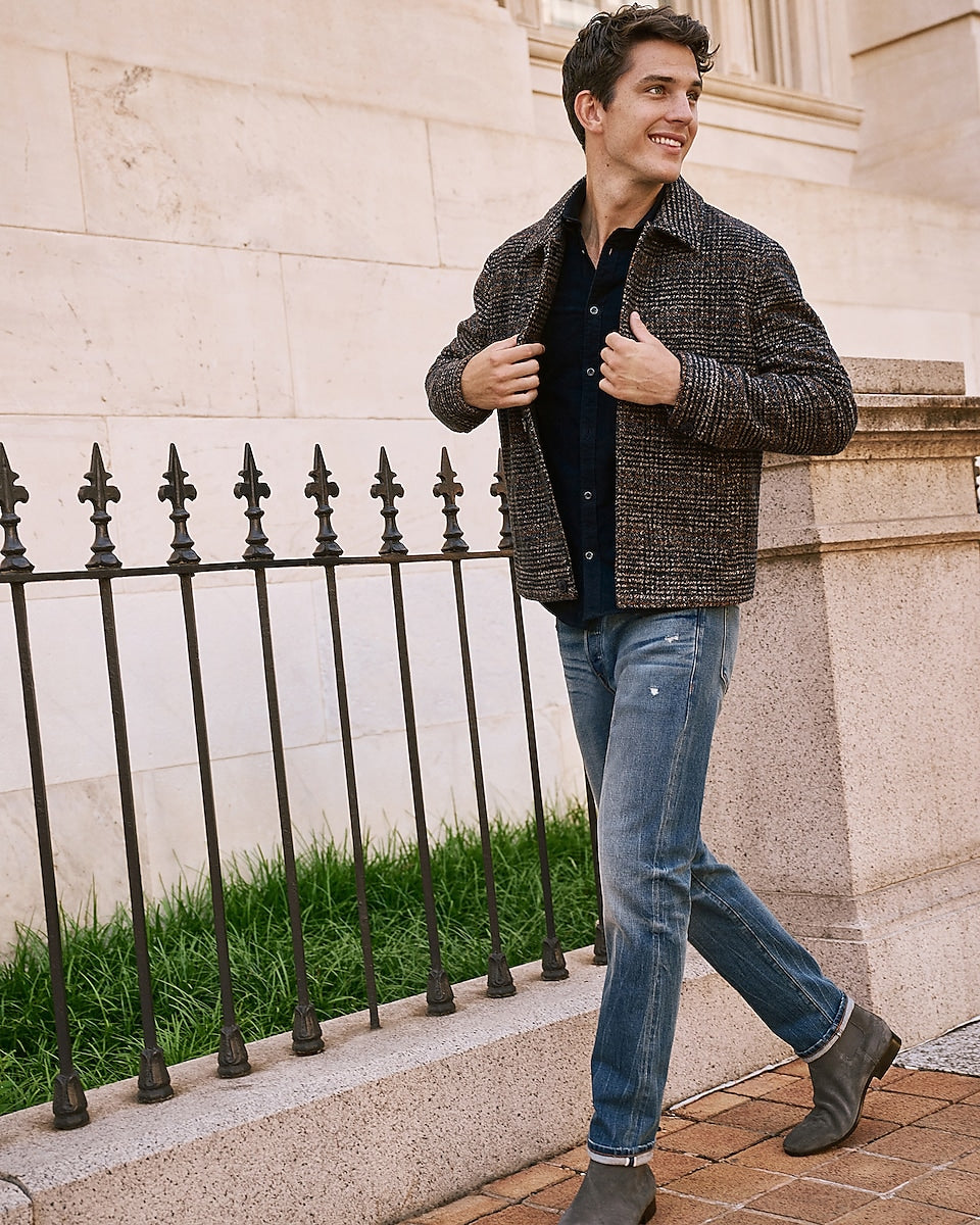 Express Men | Plaid Bomber Jacket in Blue Print | Express Style Trial