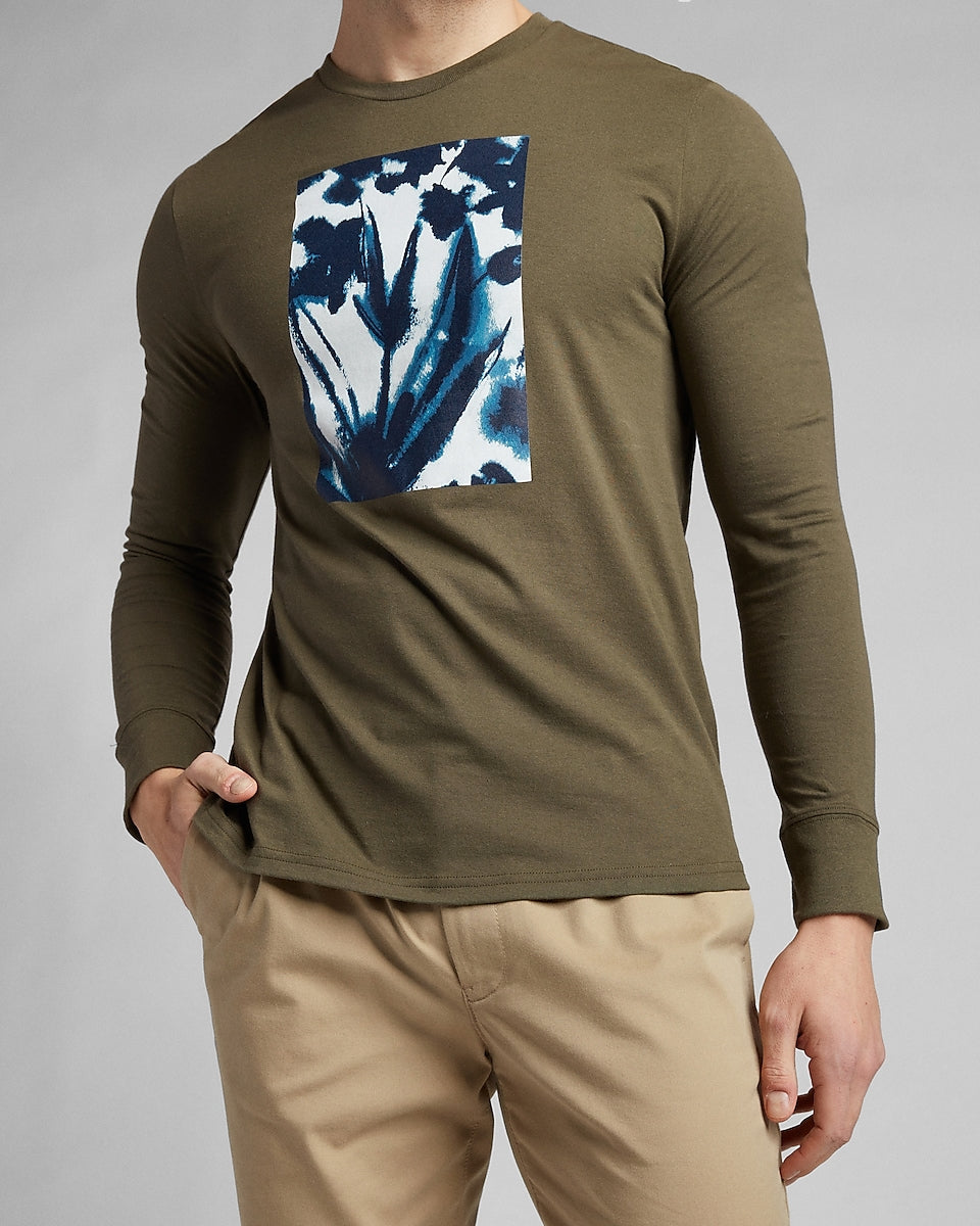 Express Men, Olive Floral Long Sleeve Graphic T-Shirt in Olive Green
