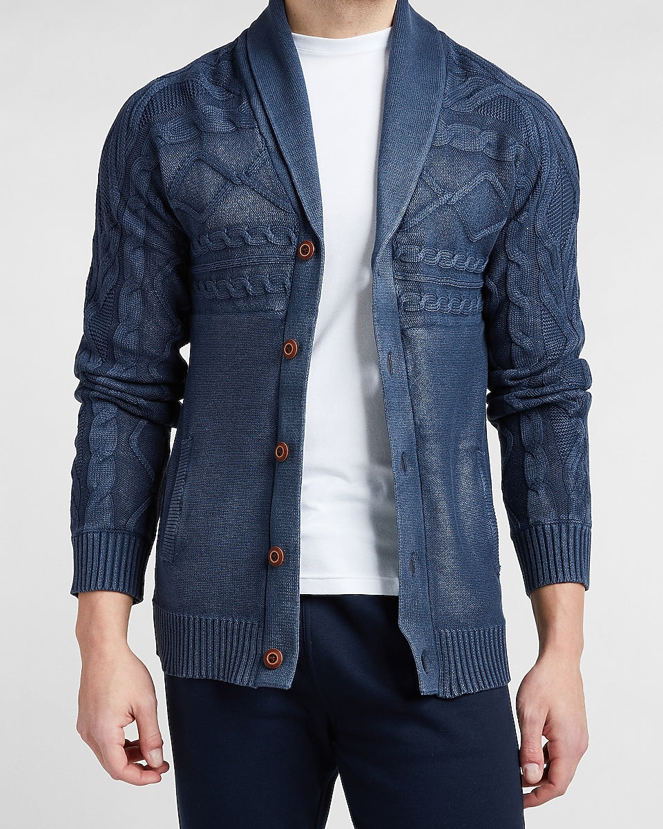 Express Men Acid Wash Cable Knit Cardigan in Navy Express Style Trial