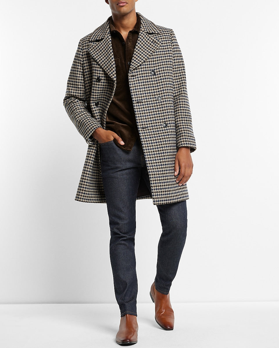 Express Men | Blue & Brown Houndstooth Wool-Blend Topcoat in Blue Print ...