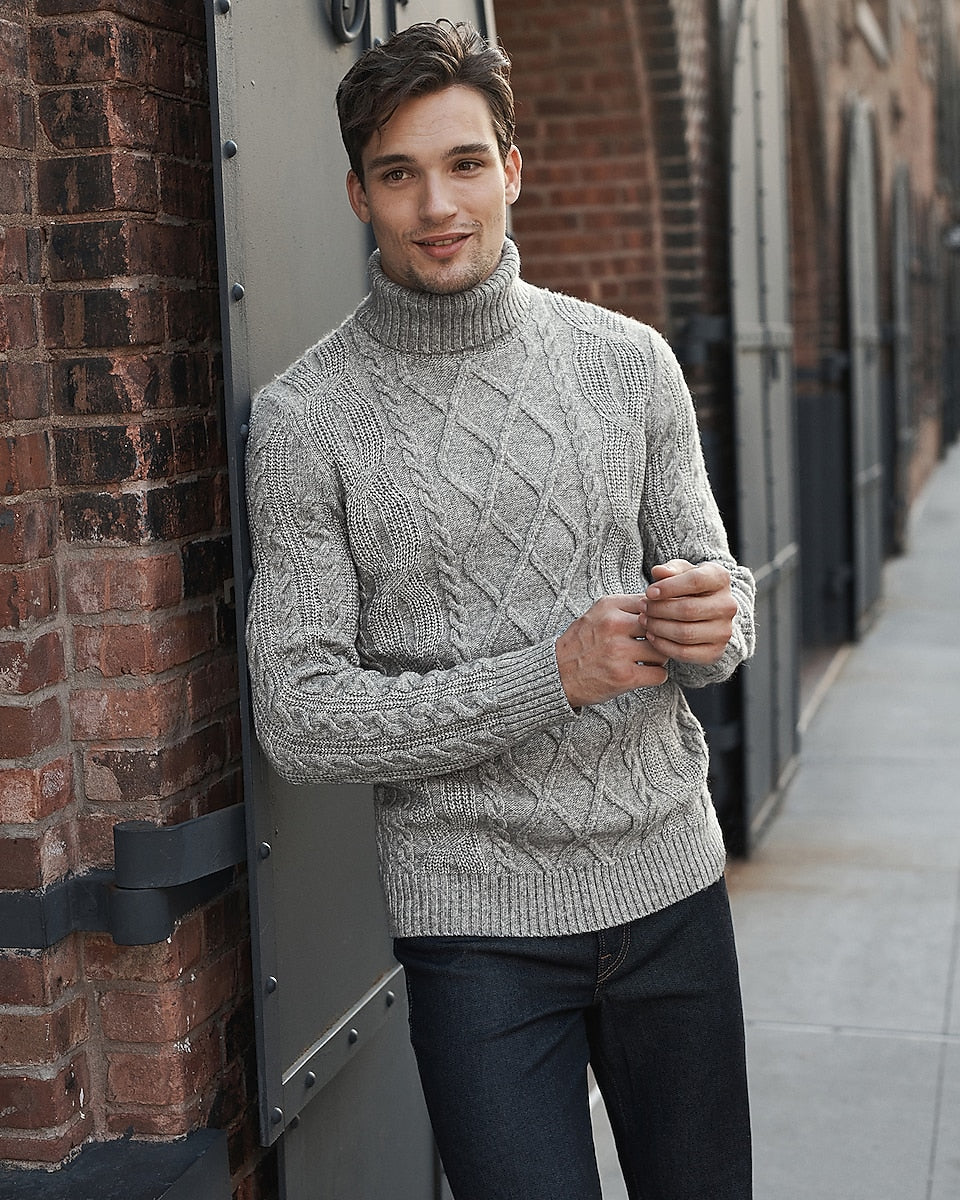 Express Men | Wool-Blend Cable Knit Turtleneck Sweater in Heather Gray ...