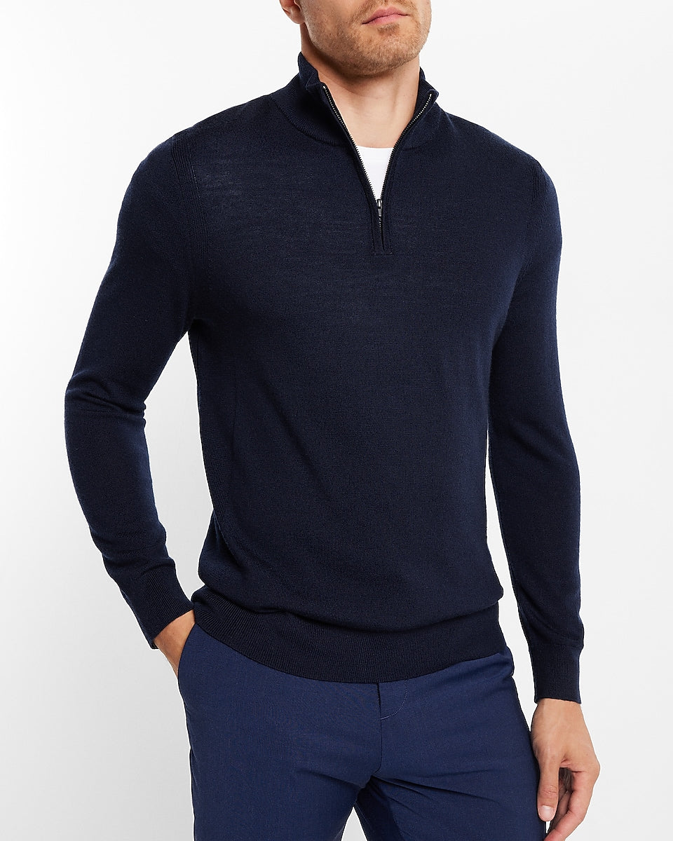 Express Men | Merino Wool Quarter Zip Mock Neck Sweater in Navy ...