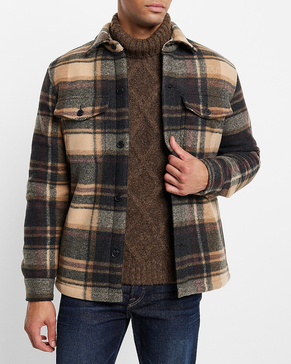 Express Men | Plaid Sherpa Lined Shirt Jacket in Camel | Express Style ...