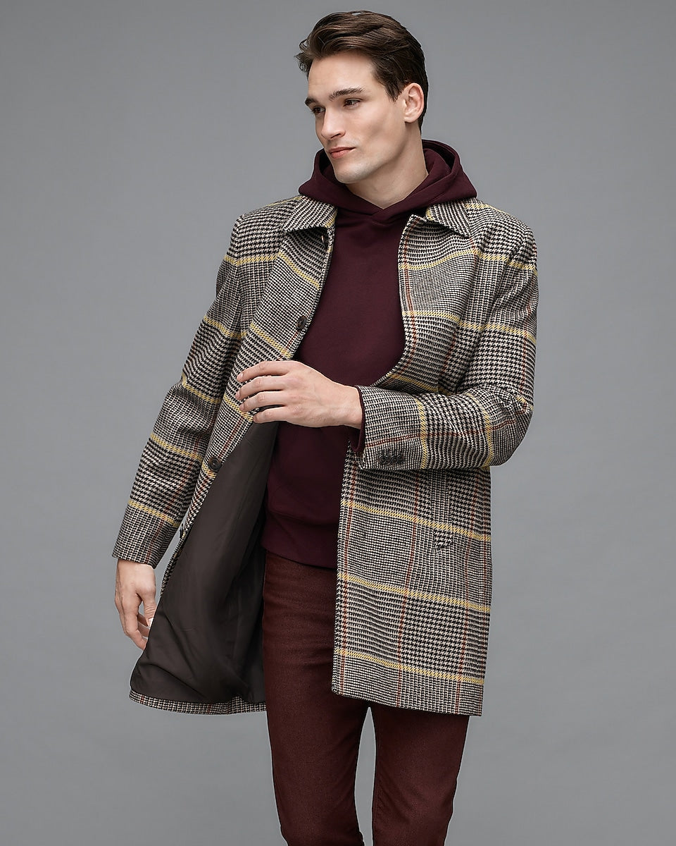 Express Men | Plaid Wool-Blend Topcoat in Yellow Print | Express Style ...