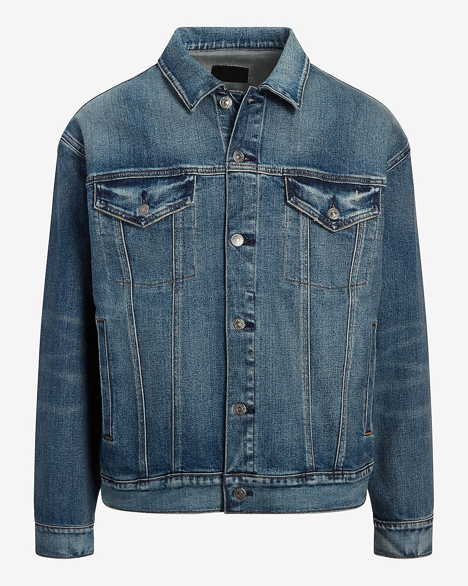 Express Men | Medium Wash Denim Trucker Jacket in Medium Wash | Express ...